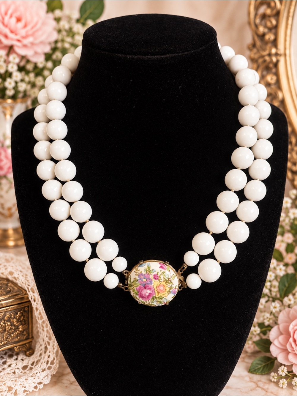 Vintage Japan Double Strand White Glass Bead Necklace Porcelain Floral Clasp